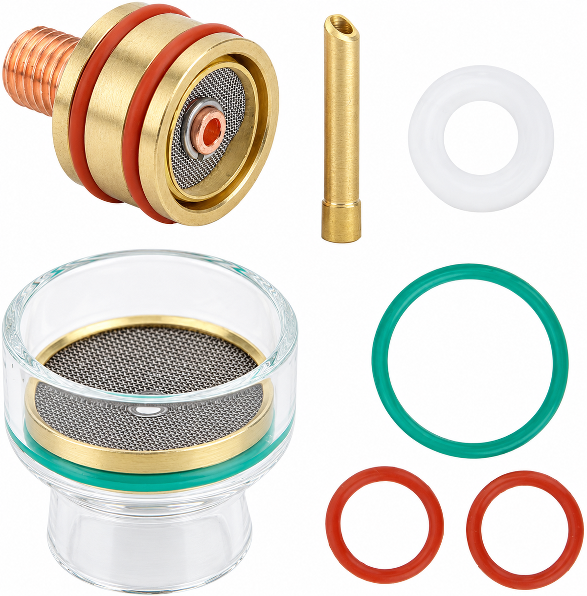 STINGRAY ONE GAS LENS KIT 2,4 mm – Detailansicht von Gaslinsenkörper, Glasdüse, Spannhülse und Dichtungsringen