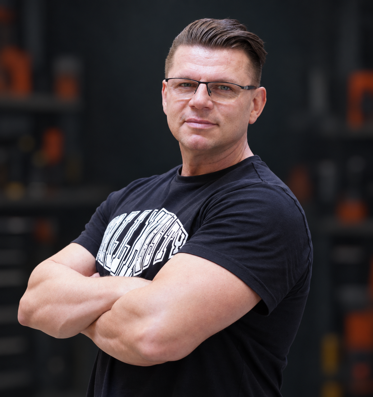 Igor Welder mit verschränkten Armen vor dezentem, dunklem Werkstatthintergrund