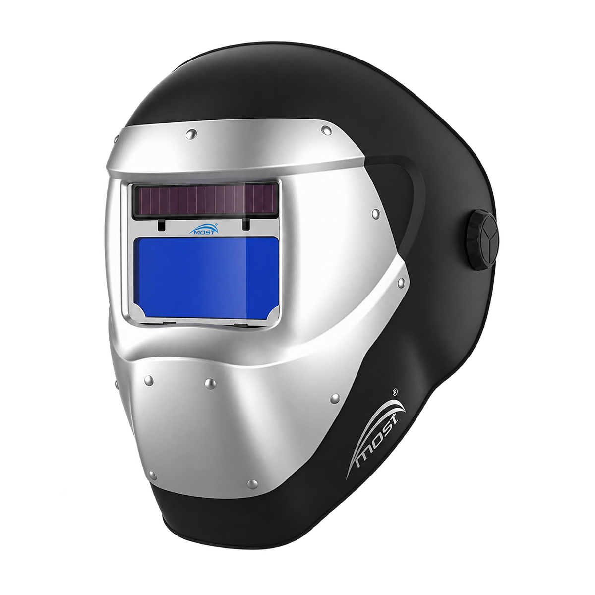 MOST 100LW Laserschutzhelm mit schwarzer Helmschale, silberner Aluminium-Front und blauem Sichtfilter; freigestellte Produktdarstellung.