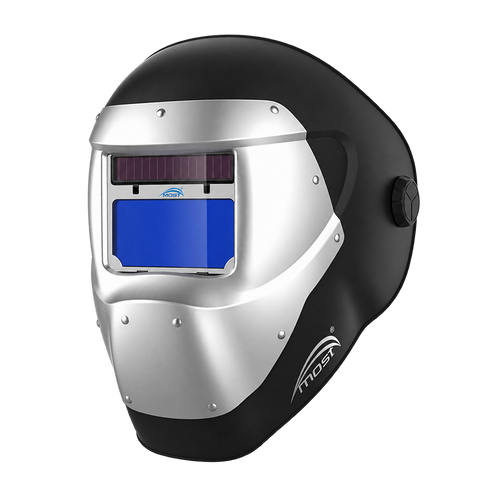 MOST 100LW Laserschutzhelm mit schwarzer Helmschale, silberner Aluminium-Front und blauem Sichtfilter; freigestellte Produktdarstellung.