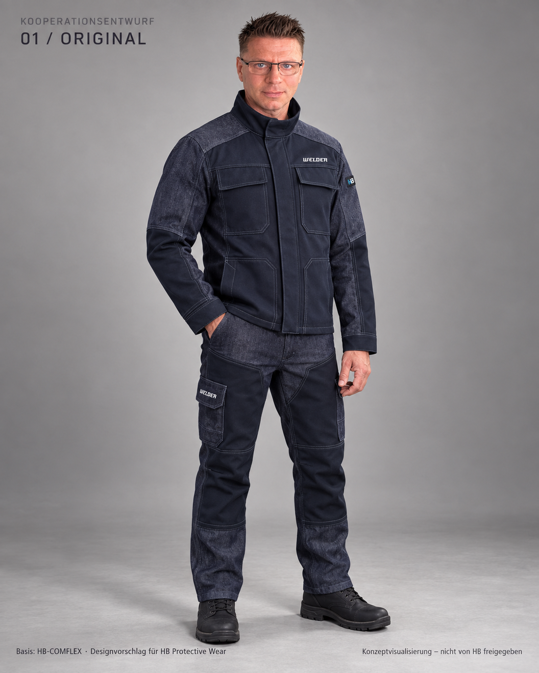 WELDER Schutzkleidung – dunkle Original-Designvorschau. Kooperationsentwurf auf HB-COMFLEX-Basis, nicht von HB freigegeben.